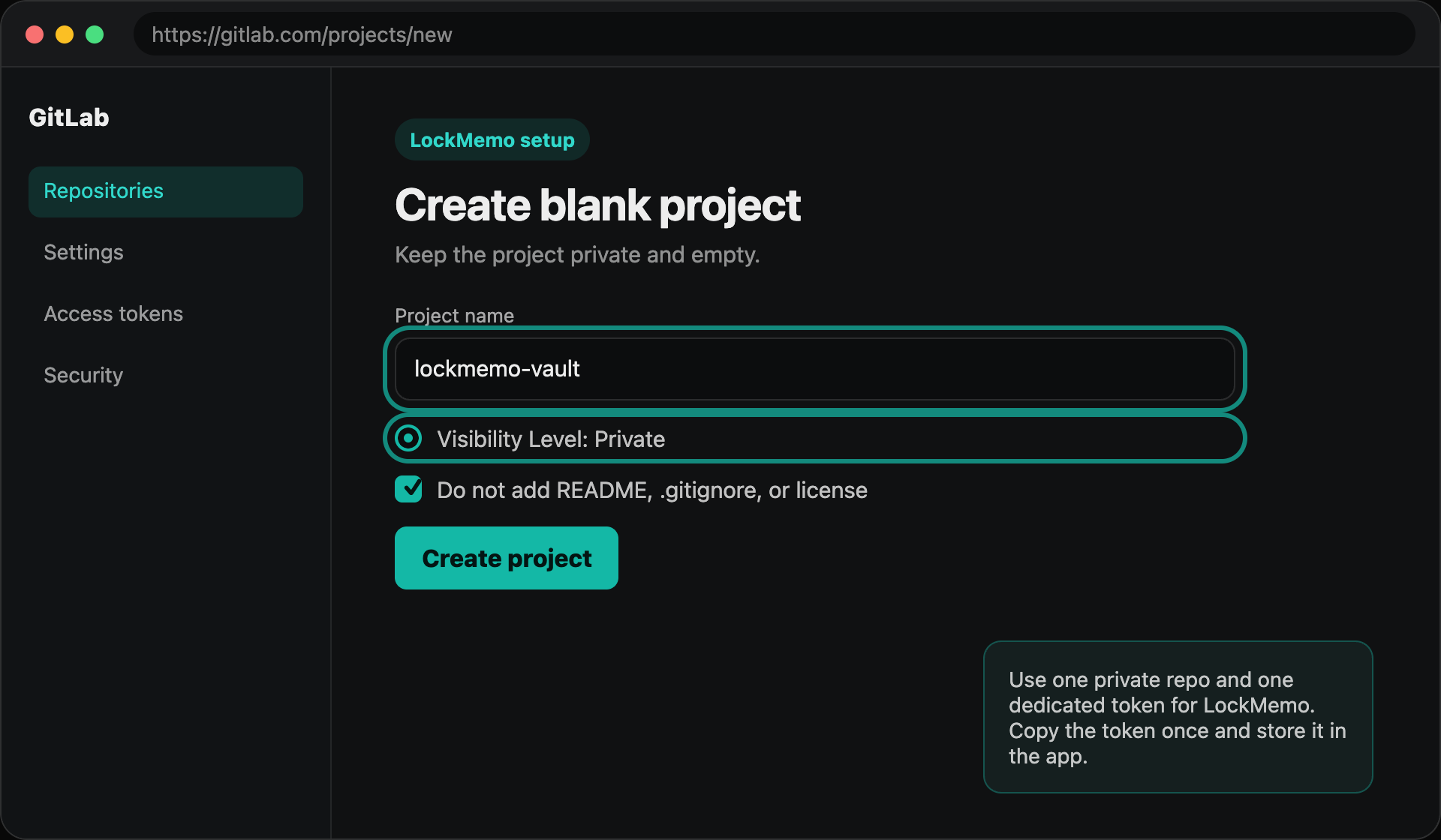 GitLab create private project example