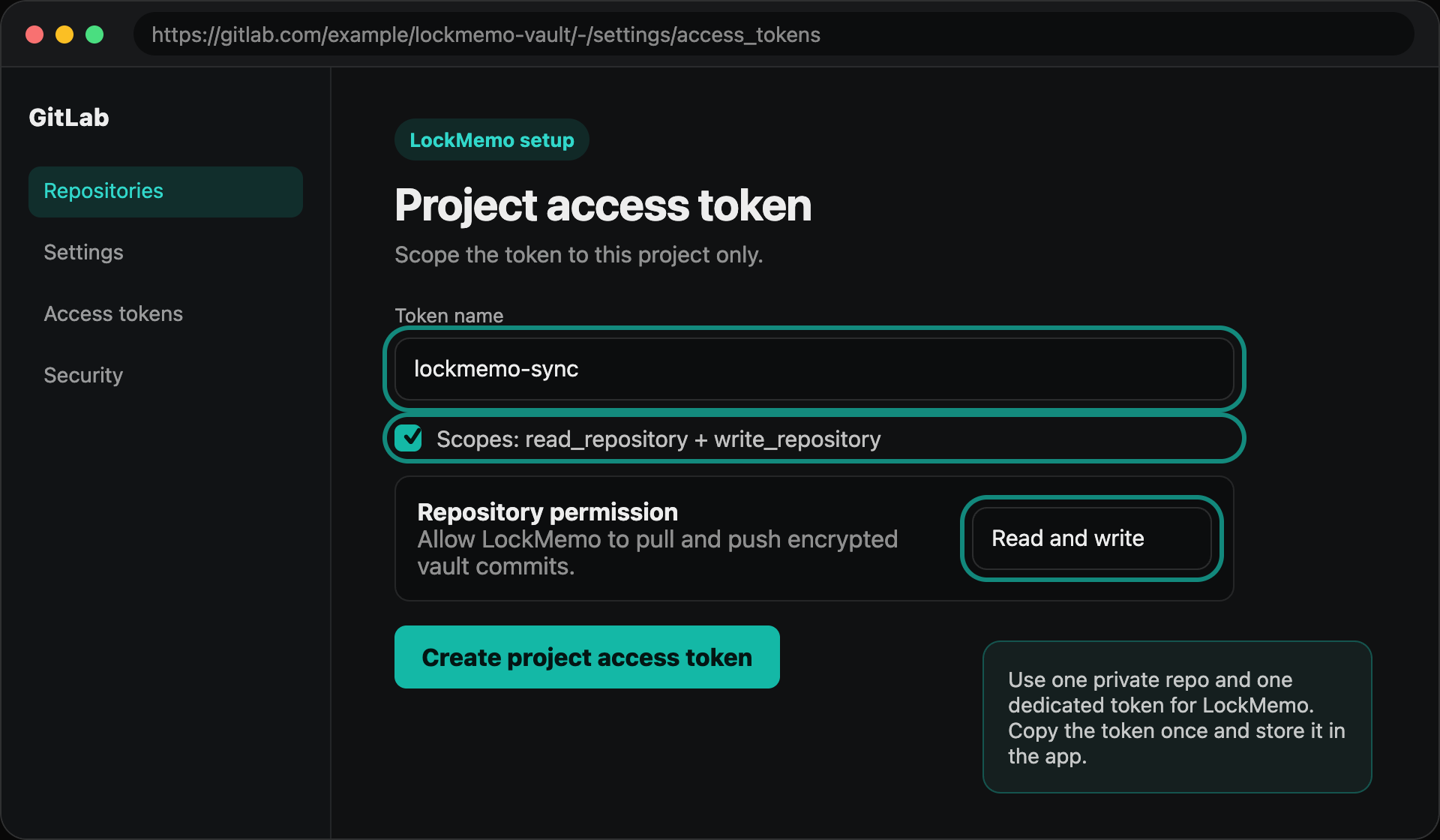 GitLab project access token scopes example